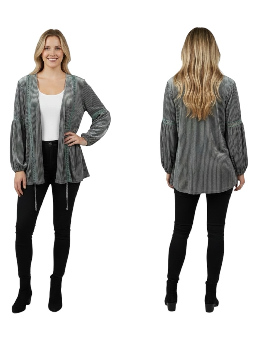 POL Gray Ribbed Open-Front Cardigan with Crochet Details Oversized Small NWOT